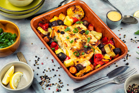 Grilled salmon with roasted potatoes and baked vegetables, grilled whole salmon fillet.の写真素材