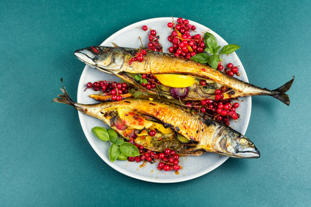 Grilled mackerel with lemon, herbs, and red currant served on a plate. Delicious roasted fish dish with fresh ingredients, perfect for healthy eating and gourmet cuisine.の写真素材
