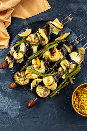 Grilled fish with asparagus. Grilled barbecue.