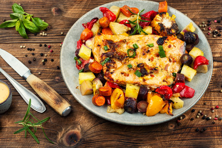 Roasted salmon fillet with vegetables.の写真素材