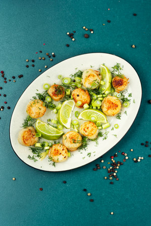Roasted scallops,seafood delicacy, gourmet cuisine, seared scallops, gourmet dish, shellfish.の写真素材