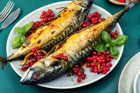 A plate of grilled fish, roasted mackerel fish with lemonの写真素材