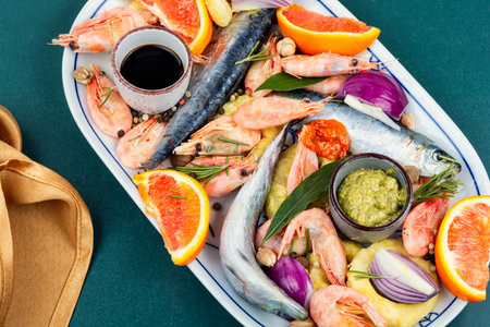 Fish and seafood marinated with assorted fruits and spices. Raw fish, shrimps.の写真素材