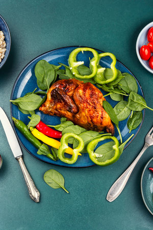 Grilled chicken meat BBQ . Half baked chicken, grilled poultry.の写真素材