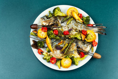 Whole dorado baked with plums, tasty roasted sea bream or dorado fish. Dieting and clean eating.