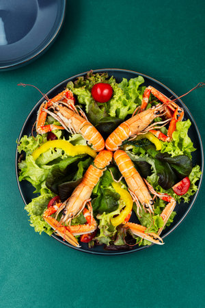 Seafood salad with whole langoustines arranged on mixed salad greens. Healthy food concepts.