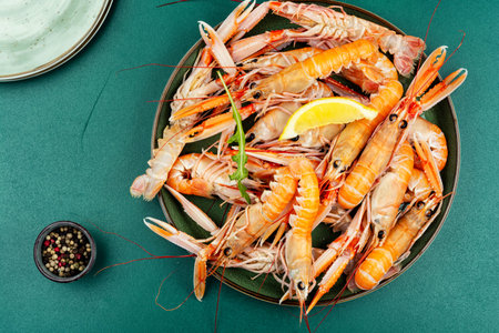 Pile uncooked fresh langoustines on a table on a plate, raw seafood.の写真素材