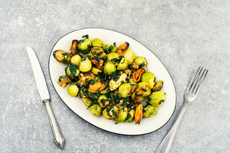 Healthy dish made with Brussels sprouts, mussels and fresh herbs. Light seafood meal with vegetables served on a plate. Food photography.の写真素材