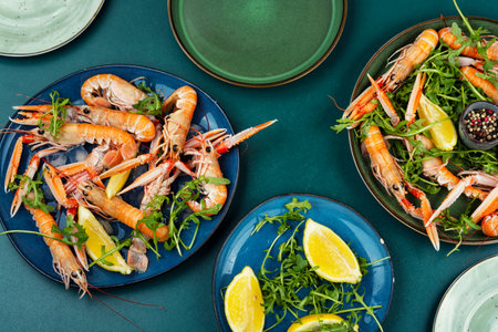 Fresh shrimp langoustines lobsters, luxury fresh raw langoustine or scampi. Flat lay.の写真素材