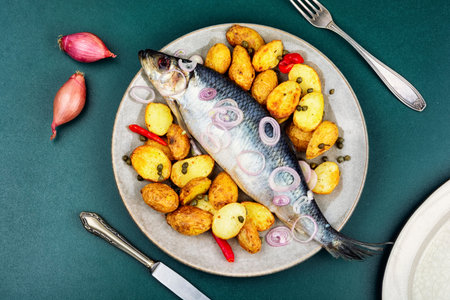 Whole salted herring served with crispy roasted potatoes, red onion rings and capers on a plate. Overhead view.
