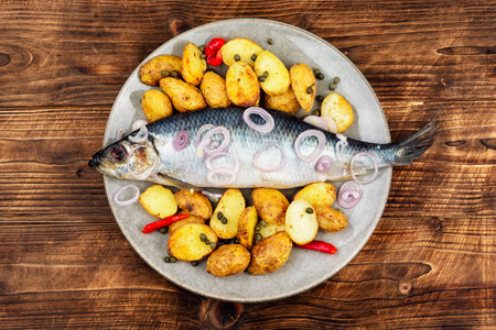 Salted herring with potatoes, onion and herbs