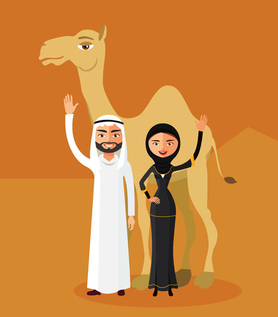 Muslim family cartoon in desert dunes. Vector flat illustrationのイラスト素材