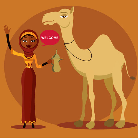 bedouin woman walking, leading a camel. Cheerful young lady waving her hand.a young arab woman holding an arabic coffee pot.のイラスト素材
