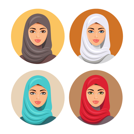 Set four Arab girls in different traditional headdresses. isolated. Vector. Young arab woman icons set girls portrait in hijab.のイラスト素材