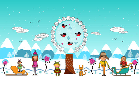 Winter Boys and Girls. Vector.のイラスト素材