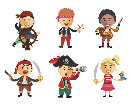 set of pirates. %u0421artoon pirate icon set flat cartoon vector illustration.  . Isolated on a white background.のイラスト素材