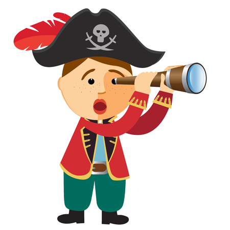 pirate boy looking through a spyglass telescope. Vector.のイラスト素材