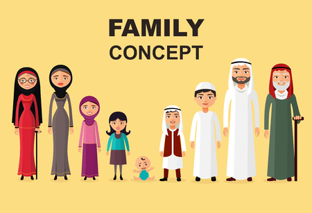 Saudi family.  muslim arabic family isolated on white background in flat style. Arab people father, mother, son, daughter, grandmother and grandfather standing together in traditional islamic clothesのイラスト素材