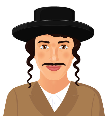 Jewish man face portrait with hat and mustache in a black suit. Jerusalem. Israel. Vector Illustration isolated on white background.のイラスト素材