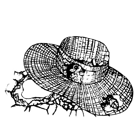 The bird hid in a straw hat  hand drawn in vintage style vector illustrationのイラスト素材