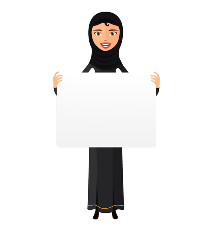 Arab woman holding sign or banner isolated on white backgroundのイラスト素材