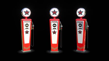 Red retro old petrol station. Retro Gas Pump isolated on black background. Gasoline filling. 3d illustrationの写真素材