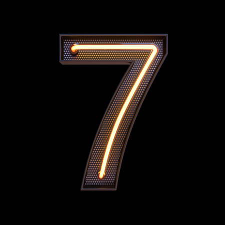 Number 7 Alphabet. Neon retro 3d number isolated on a black background with Clipping Path. 3d...