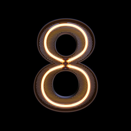 Number 8 Alphabet. Neon retro 3d number isolated on a black background with Clipping Path. 3d...