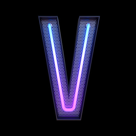 Neon retro Light Alphabet letter V isolated on a black background with Clipping Path. 3d illustration.の写真素材