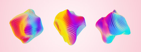 Set of iridescent abstract wavy sphere objects. Colorful ultraviolet foil cloth texture, liquid...