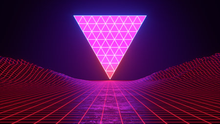 Retro 80s styled futuristic Synthwave Sunset landscape with purple red neon sun and perspective...