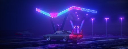 Neon gas station and retro car. vintage cyberpunk auto. Fog rain and night. Color vibrant...