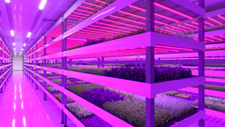indoor vertical farm. Hydroponic microgreens plant factory. Plants grow with led lights. Sustainable...
