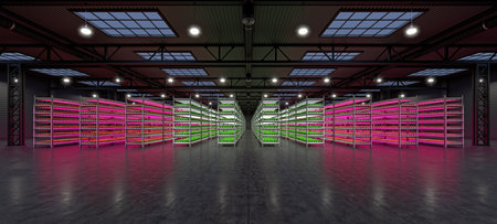 Hydroponic indoor vegetable plant factory in exhibition space warehouse. Interior of the farm...