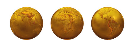 Realistic set of topography Golden Metal Earth Globe isolated on a white background. Asia, Europe, Africa, America, Australia. 3d rendering illustrationの写真素材