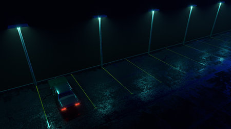 Lonely retro car on empty parking in the rain. Fog, rain, reflections. cyberpunk wallpaper. 3d render illustration.の写真素材