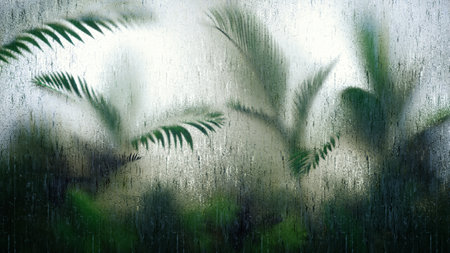 Blurred tropic leaves behind Frosted glass with waterdrops. glassmorphism. Tropical leaf background....