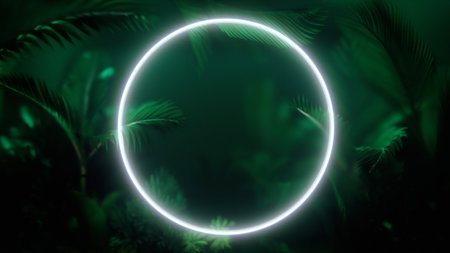 Blurred tropical leaves with circle neon light frame behind Frosted glass. Green tropical leaves background. glassmorphism. 3d illustration.の写真素材