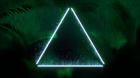 Blurred tropical leaves with triangle neon light frame behind Frosted glass. Green tropical leaves background. glassmorphism. 3d illustration.の写真素材