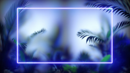Blurred tropic leaves behind Frosted glass. Green leaves with neon light frame. glassmorphism....