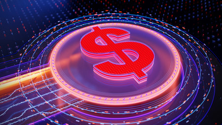 US Dollar symbol on abstract dark technological background. Currency coin and circuit. Electricity impulse on motherboard. International and global market exchange concept. 3D illustration.の写真素材