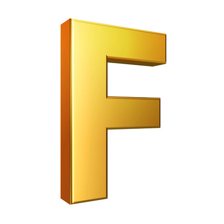 Golden font. Alphabet letter F isolated on a white background with clipping path. 3d illustration.の写真素材