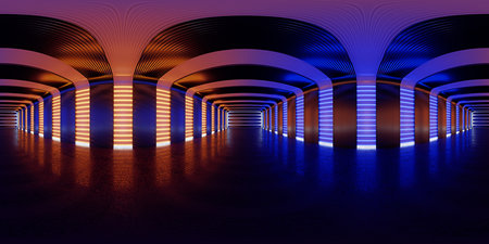 HDRI. Glowing neon lines. Full spherical panorama 360 degrees. 3D render illustration.の写真素材