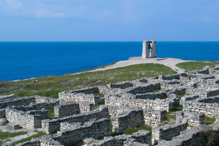 Large bell-beacon on oceanside and clouds. A monument Chersonese, a Christianity kickoff in Russia. Crimea, Ukraineの写真素材