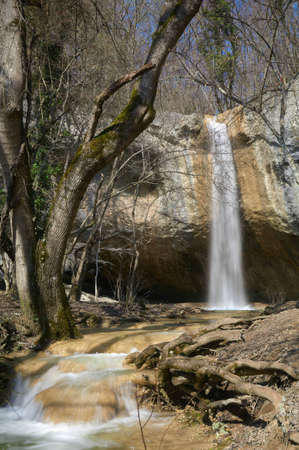 A waterfall and a river in a mountain forestの写真素材