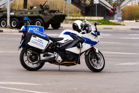 Nizhny Novgorod. Russia. May 07, 2022. A police motorcycle is parked on a security island. A...
