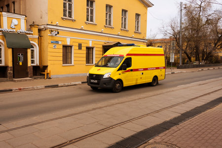 Nizhny Novgorod. Russia. May 07, 2022. Military ambulance of the Moscow garrison on Nativity Street...