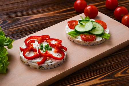 Rice wafers, cheese and cucumbers sandwiches.の写真素材
