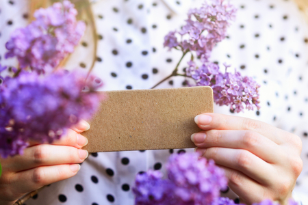 Spring text on a card. Place for the inscription. Lilac background.の写真素材