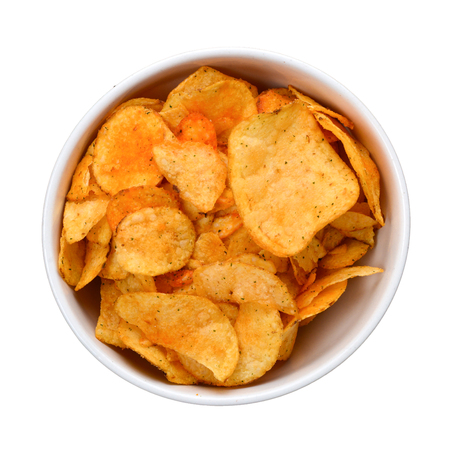 Chips isolated on white. Space for text or design. Top view.の写真素材